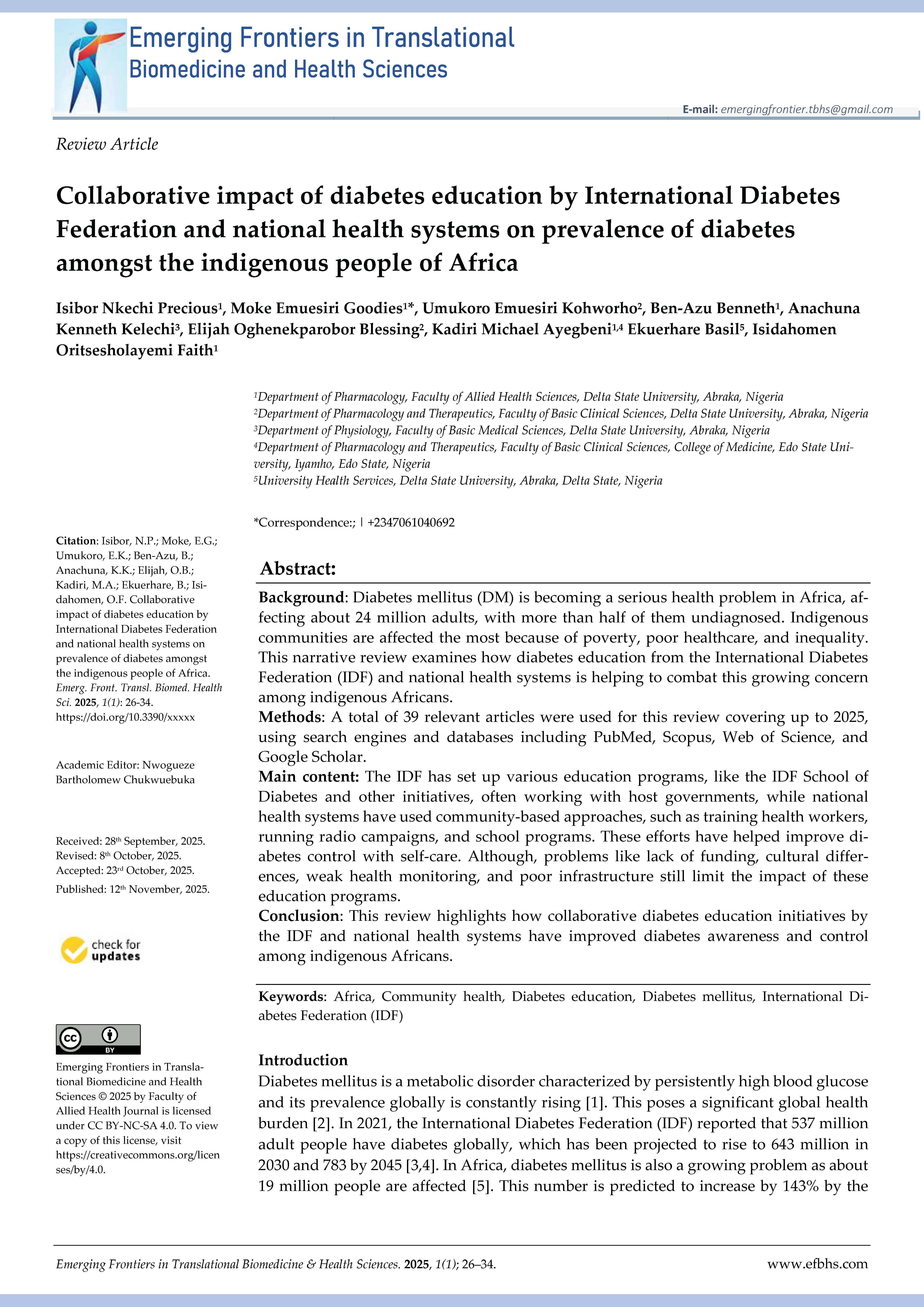 Collaborative Impact of Diabetes Education by International Diabetes Federation and National Health Systems on Prevalence of Diabetes Amongst the Indigenous People of Africa