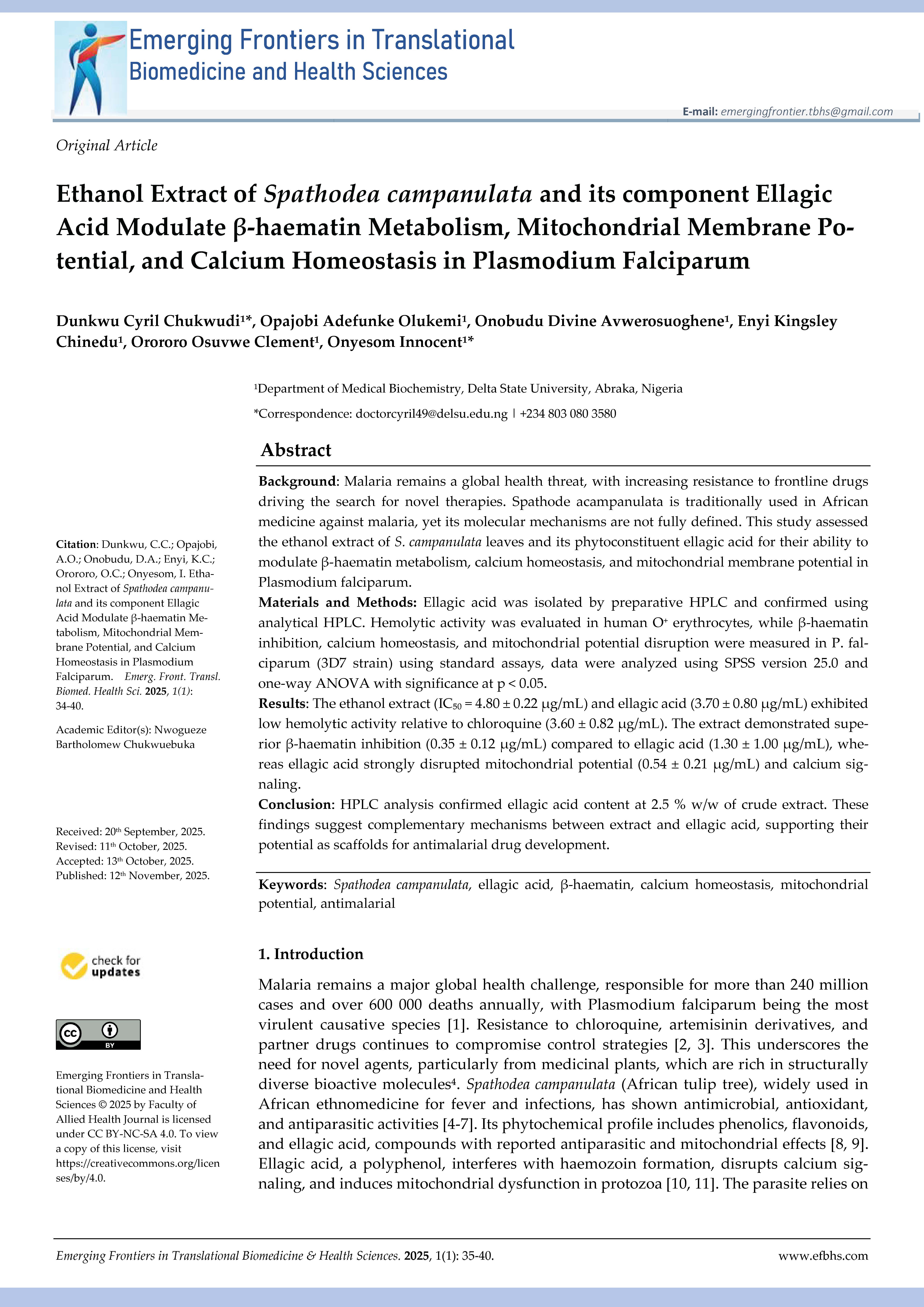 Ethanol Extract of Spathodea campanulata and its component Ellagic Acid Modulate β-haematin Metabolism, Mitochondrial Membrane Potential, and Calcium Homeostasis in Plasmodium Falciparum