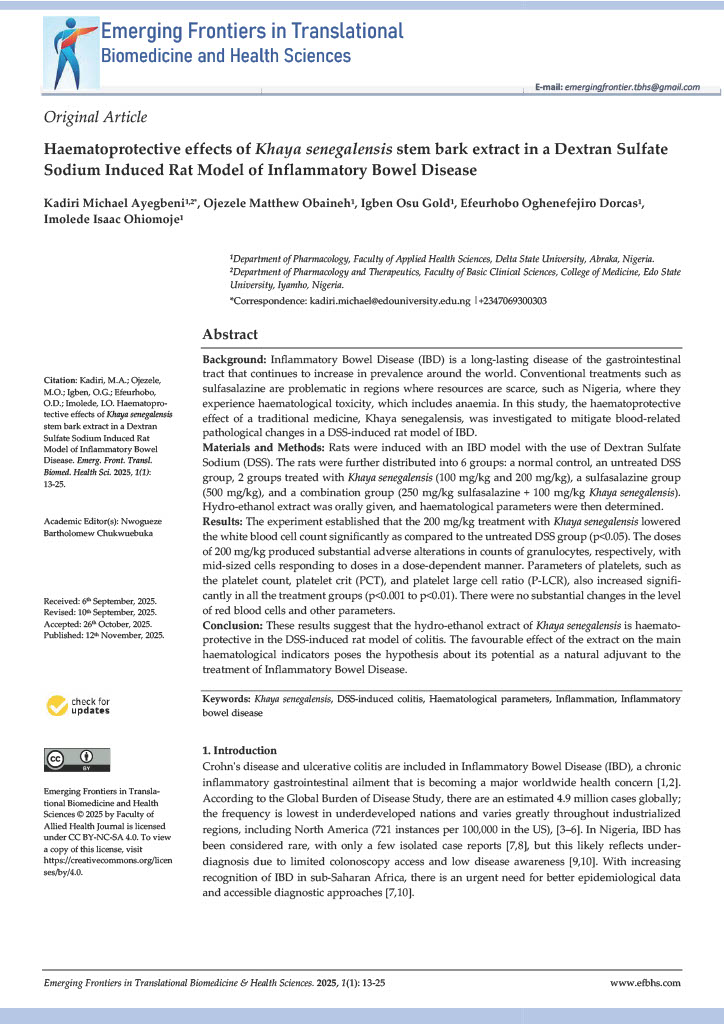 Haematoprotective effects of Khaya senegalensis stem bark extract in a Dextran Sulfate Sodium Induced Rat Model of Inflammatory Bowel Disease